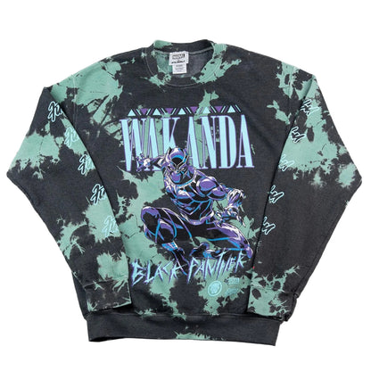 Black and green tie-dye sweatshirt with 'Black Panther' and 'Wakanda' text on a white background