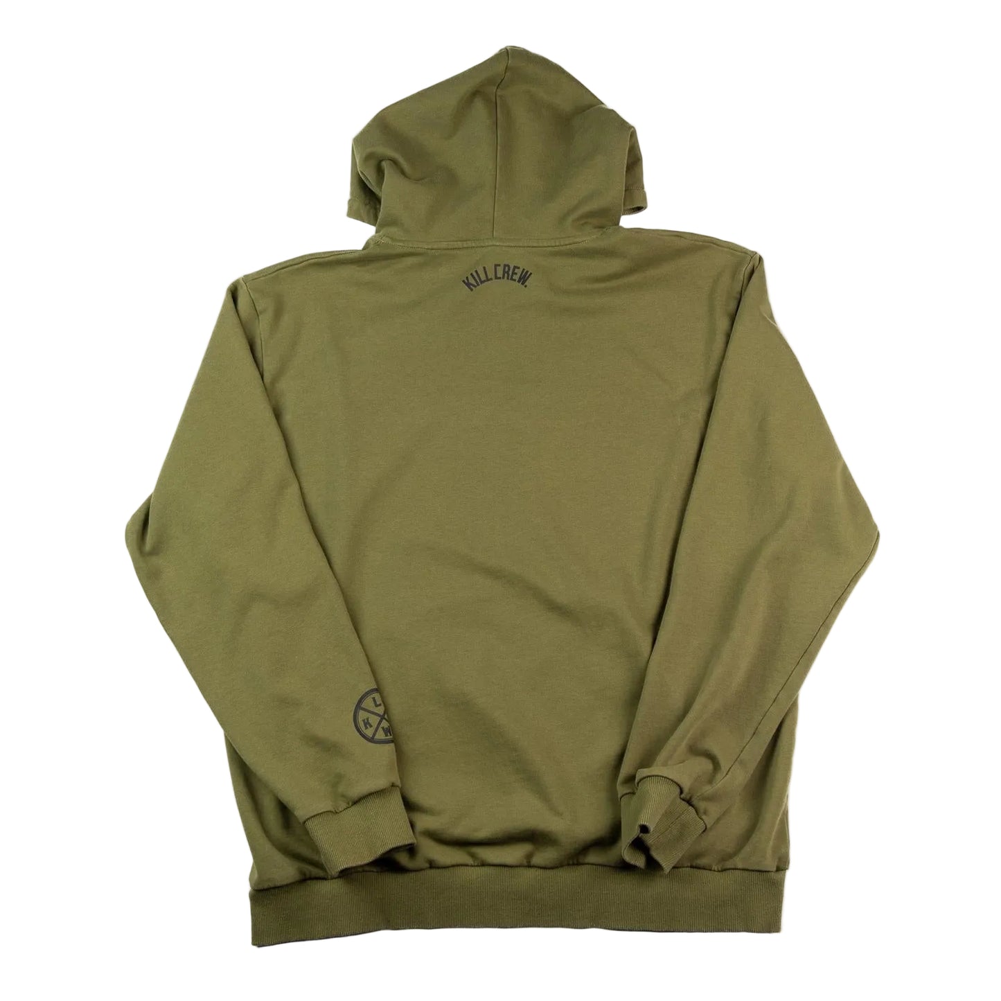 Green hoodie with branding on the back on a white background