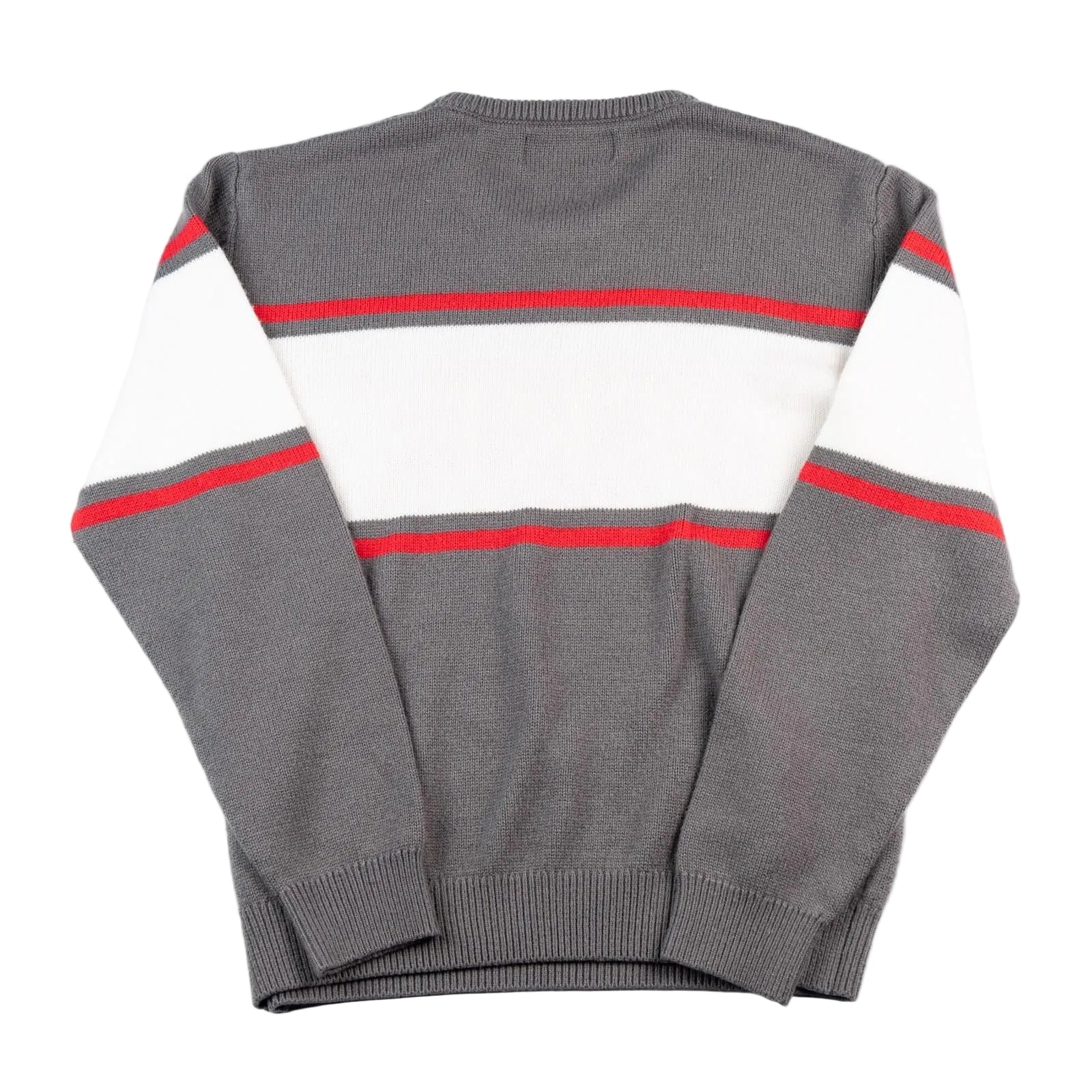 Gray sweater with red and white stripes on a white background
