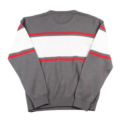 Gray sweater with red and white stripes on a white background