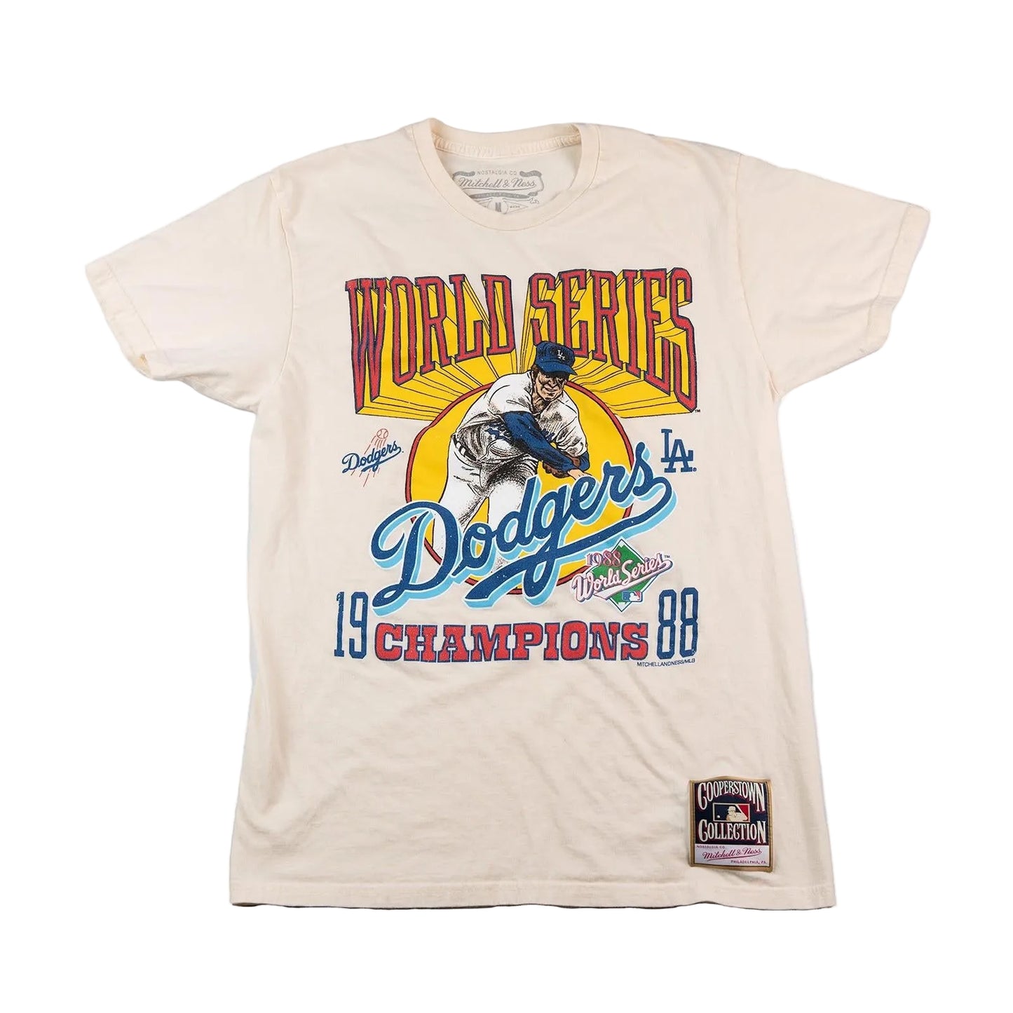Vintage-style t-shirt celebrating the Los Angeles Dodgers' World Series victory in 1988, featuring a graphic of a player and team name on a white background.