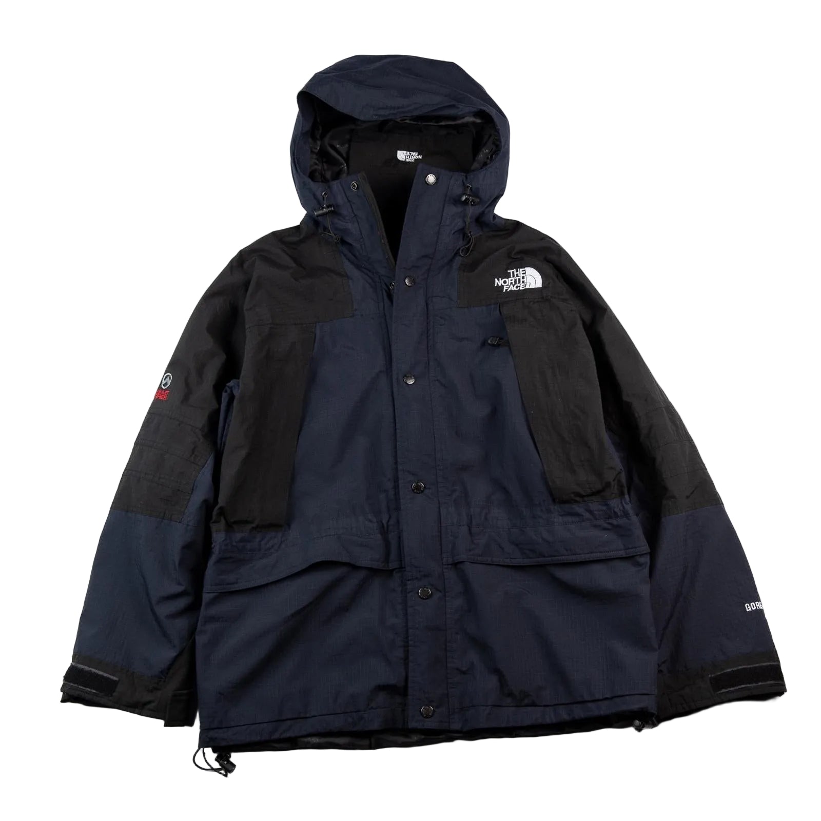 Black and navy jacket with The North Face logo on a white background