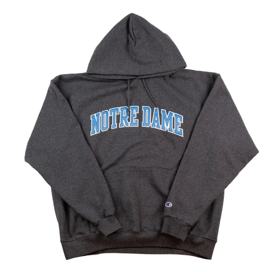 Gray hoodie with 'Notre Dame' text on a white background