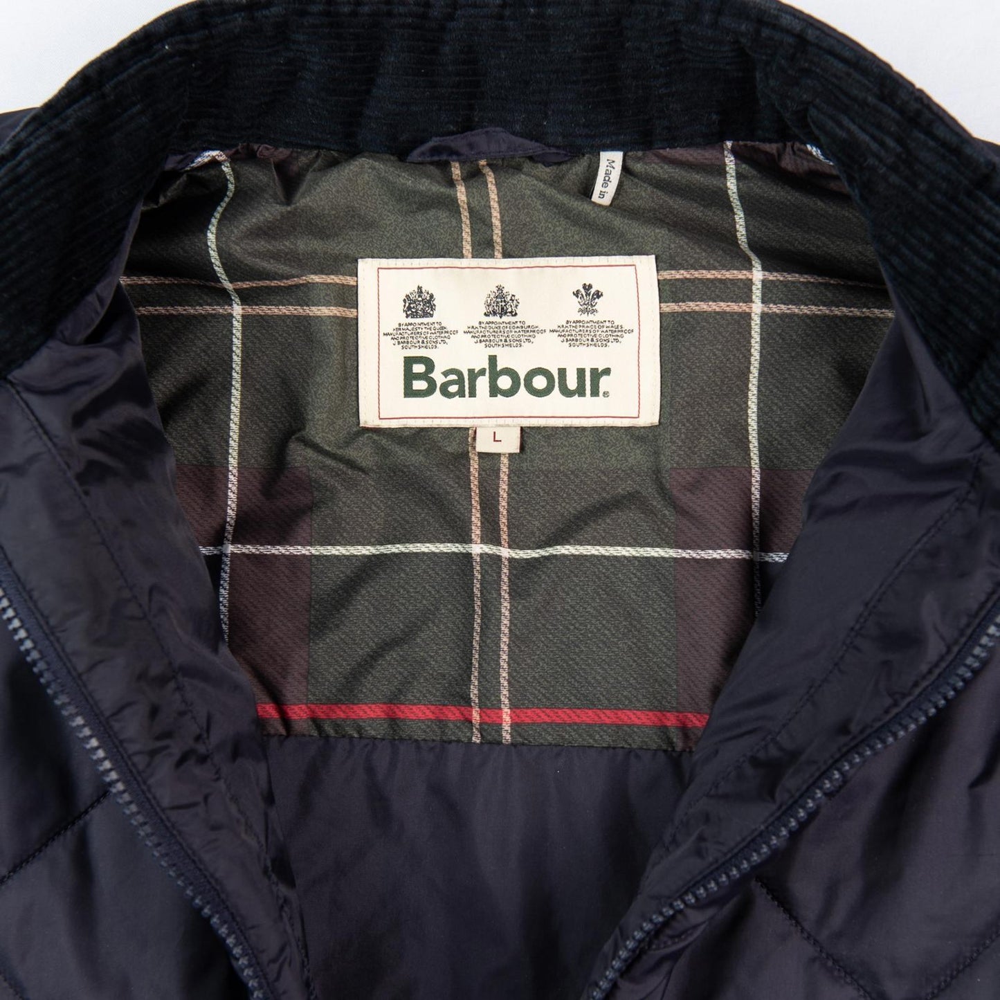 Barbour Finn Gilet Navy Quilted Full Zip Vest Corduroy Collar Men’s Large