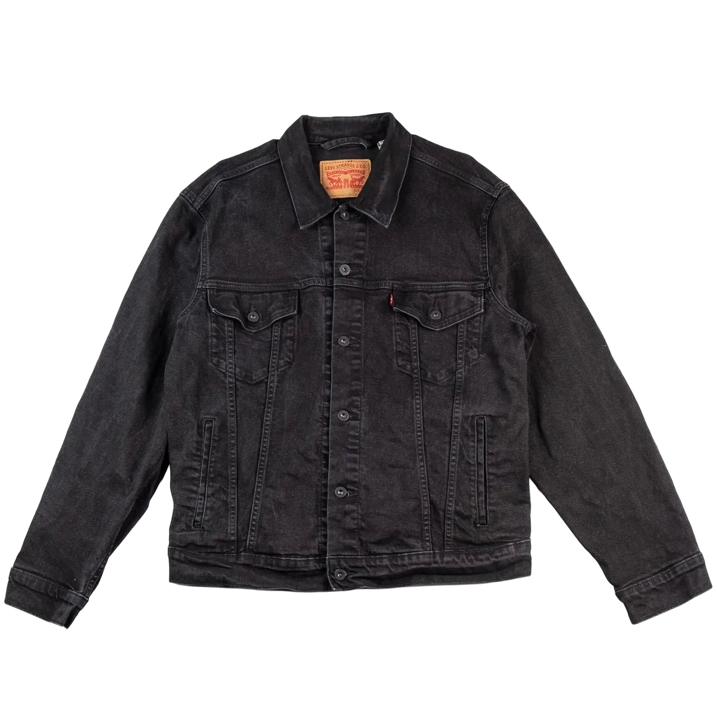 Black denim jacket on a white background