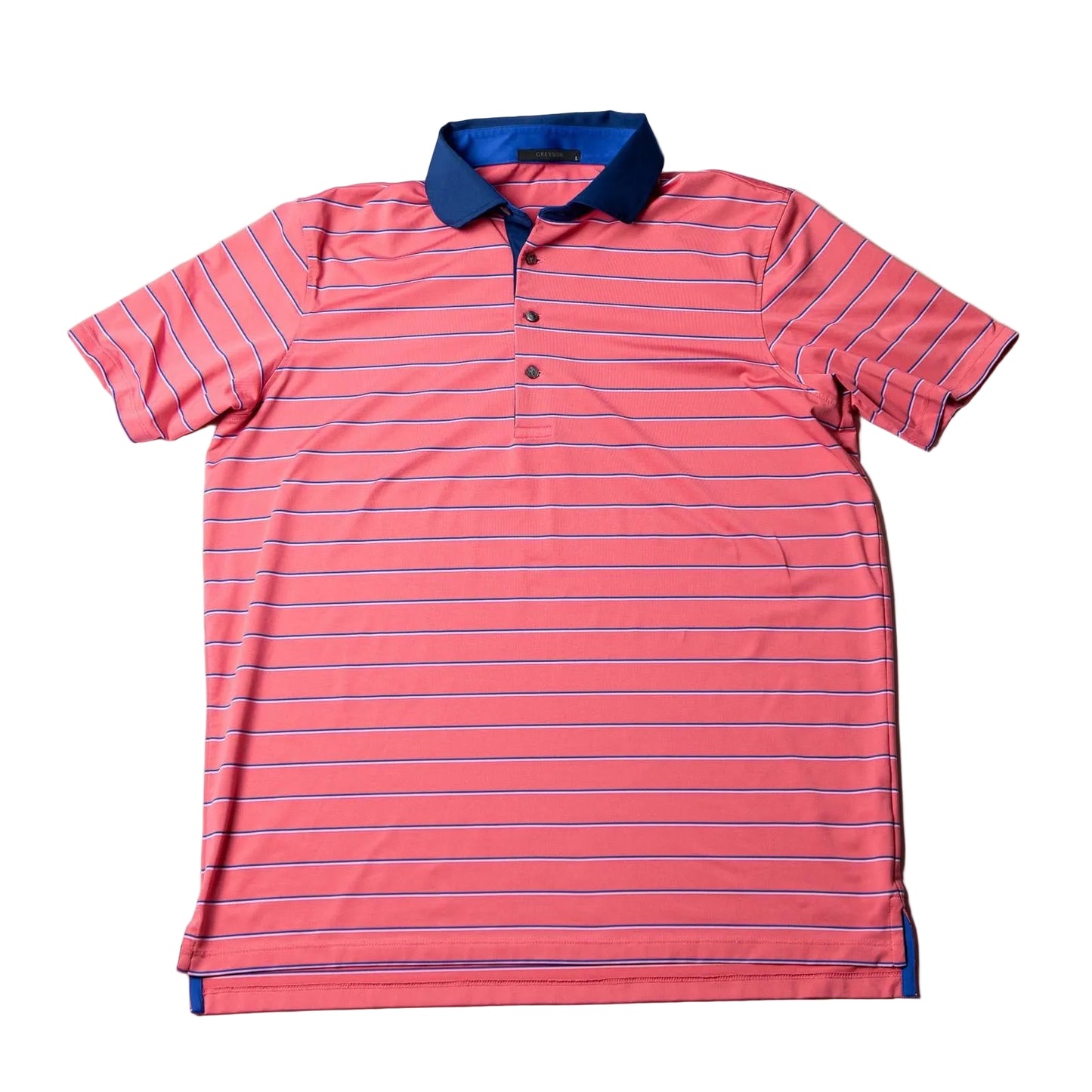 Pink striped polo shirt with blue collar on a light gray background