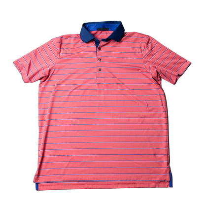 Pink striped polo shirt with blue collar on a light gray background