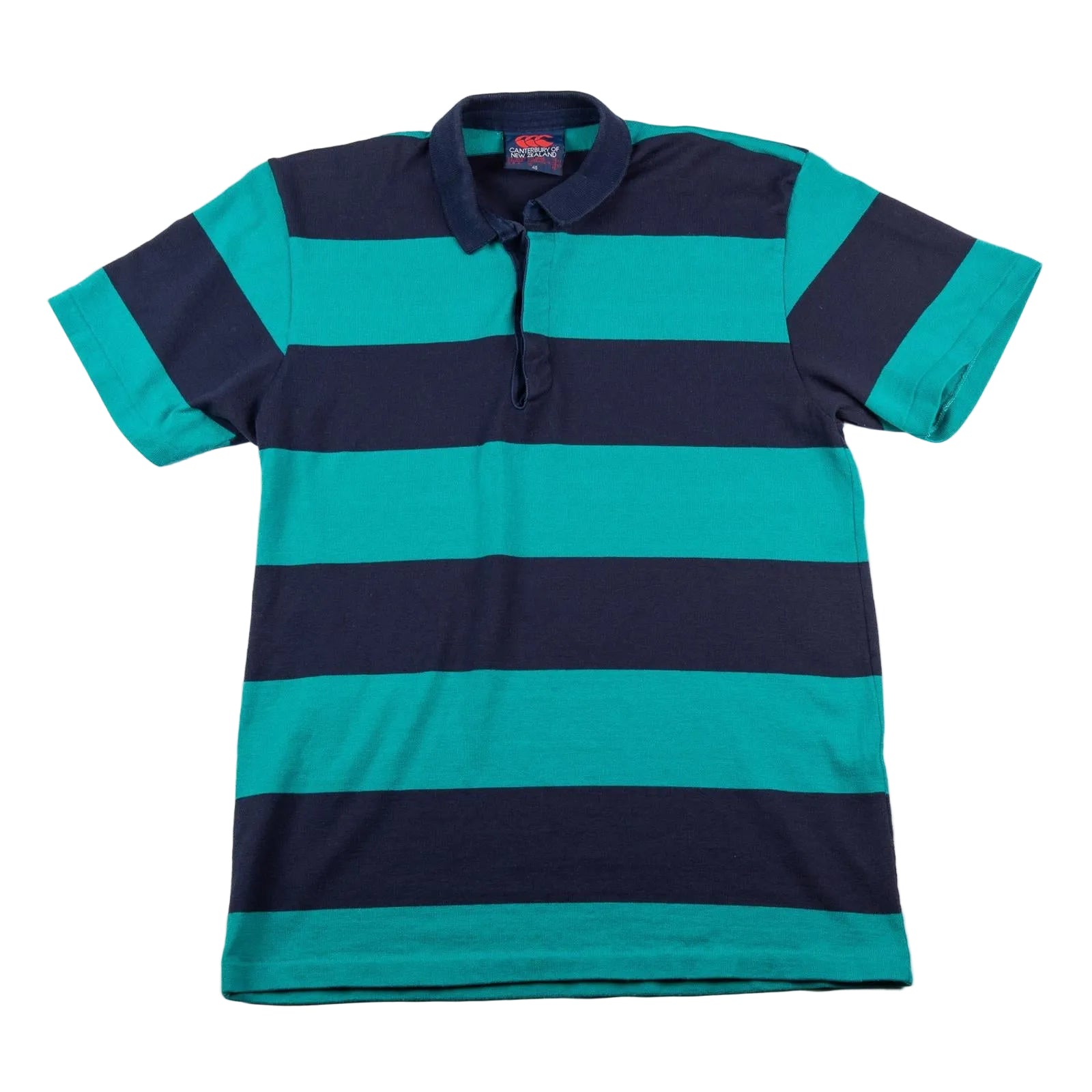 Teal and navy striped polo shirt on a white background