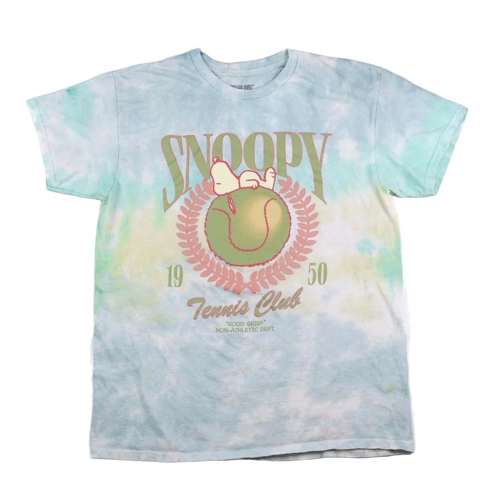 Tie-dye t-shirt with Snoopy graphic and 'Tennis Club' text on a white background