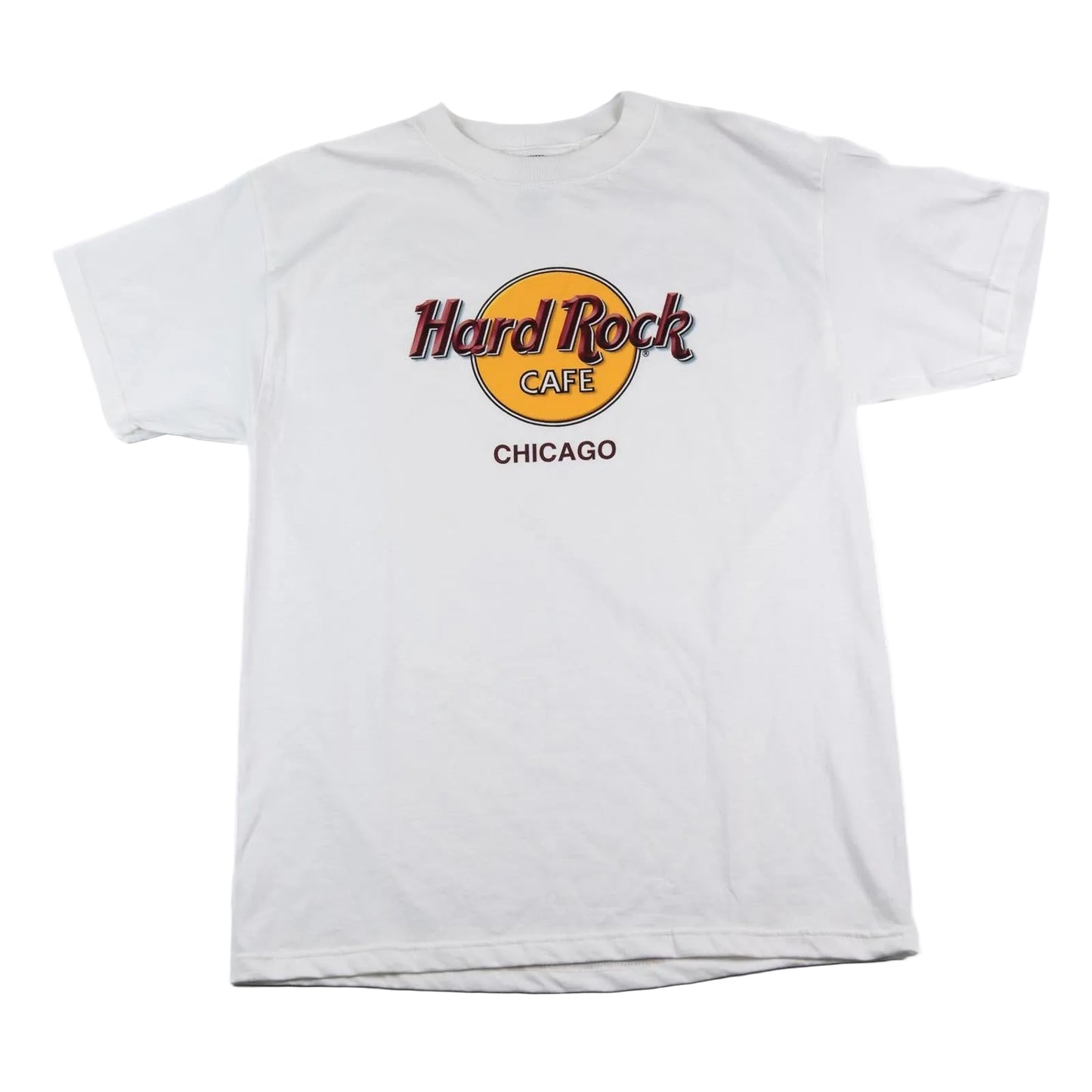 White t-shirt with Hard Rock Cafe Chicago logo on a white background