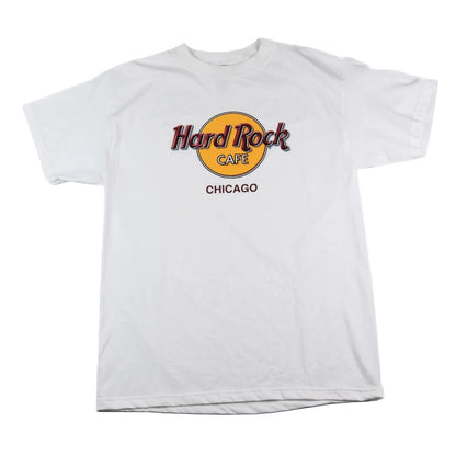 White t-shirt with Hard Rock Cafe Chicago logo on a white background
