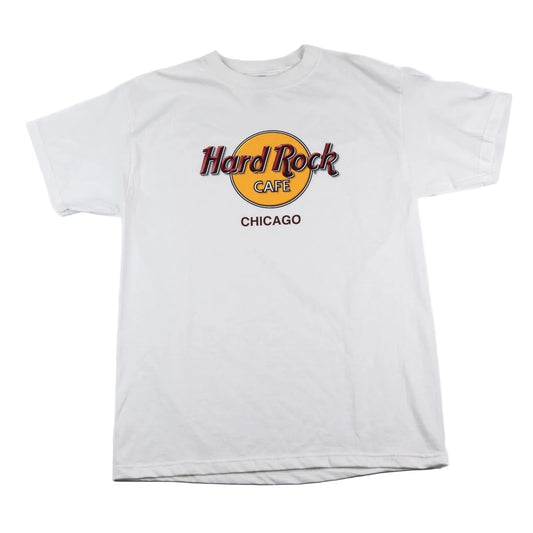 White t-shirt with Hard Rock Cafe Chicago logo on a white background