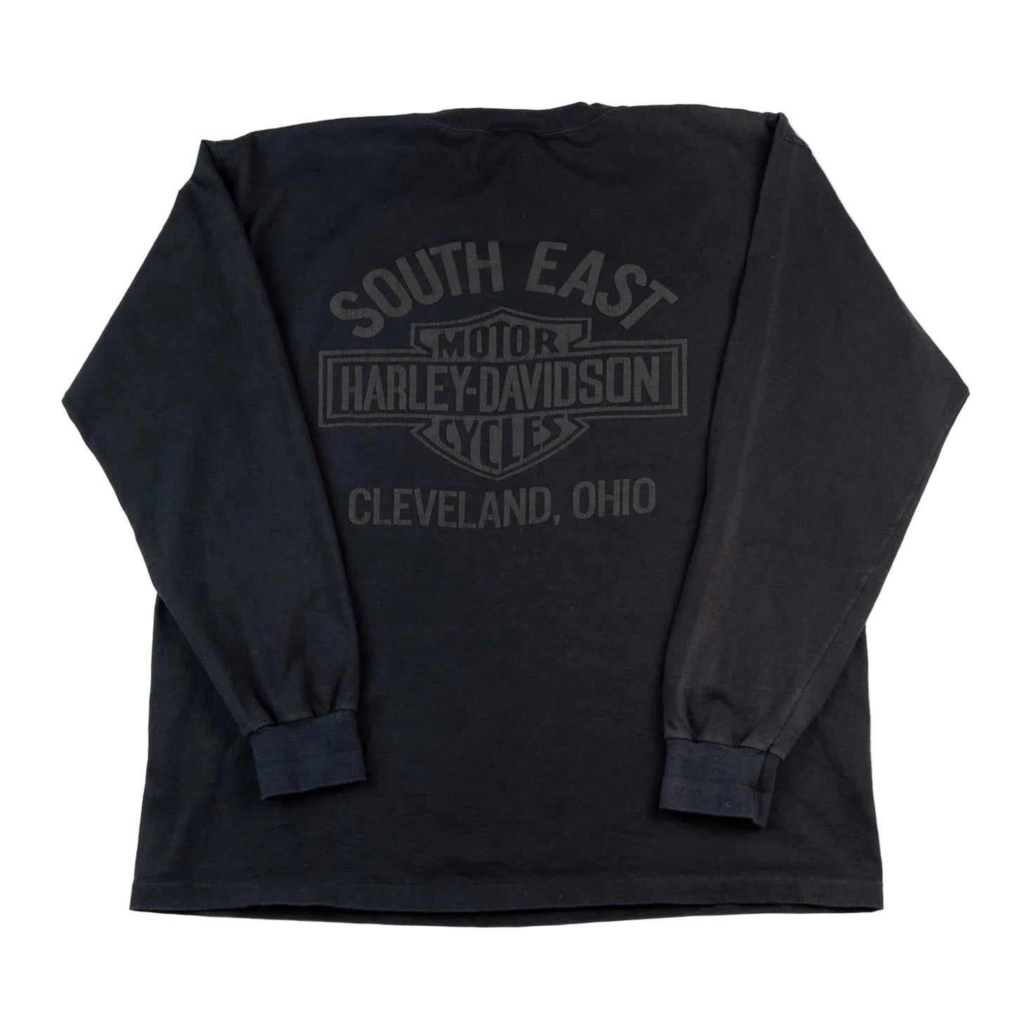 Black long-sleeve shirt with 'South East Harley-Davidson' logo on a white background