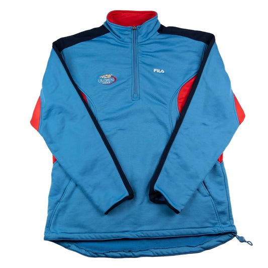 Blue pullover with red interior and black accents on a white background