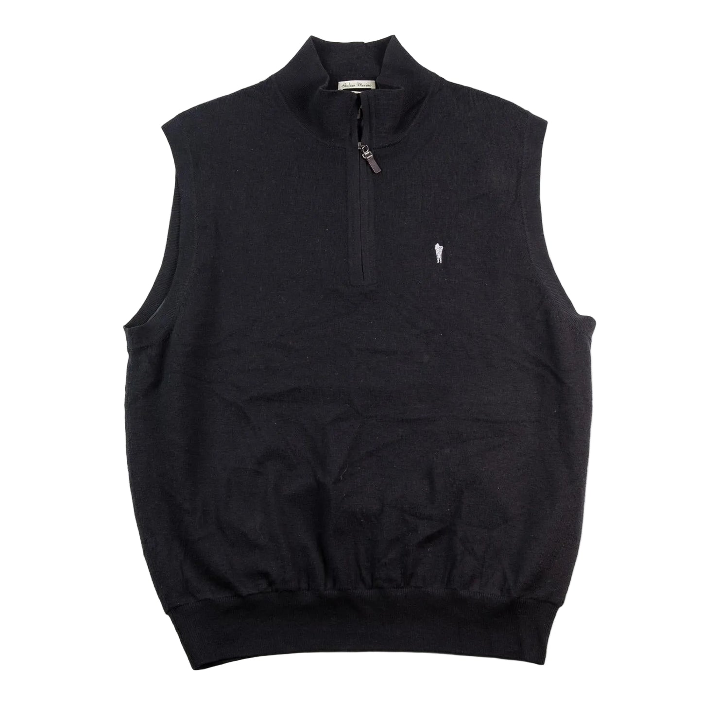 Black sleeveless vest with a quarter zip on a white background