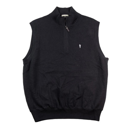 Black sleeveless vest with a quarter zip on a white background