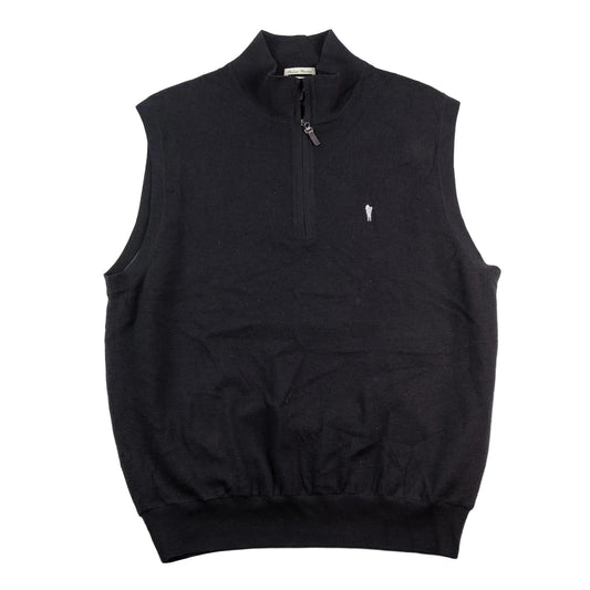 Black sleeveless vest with a quarter zip on a white background