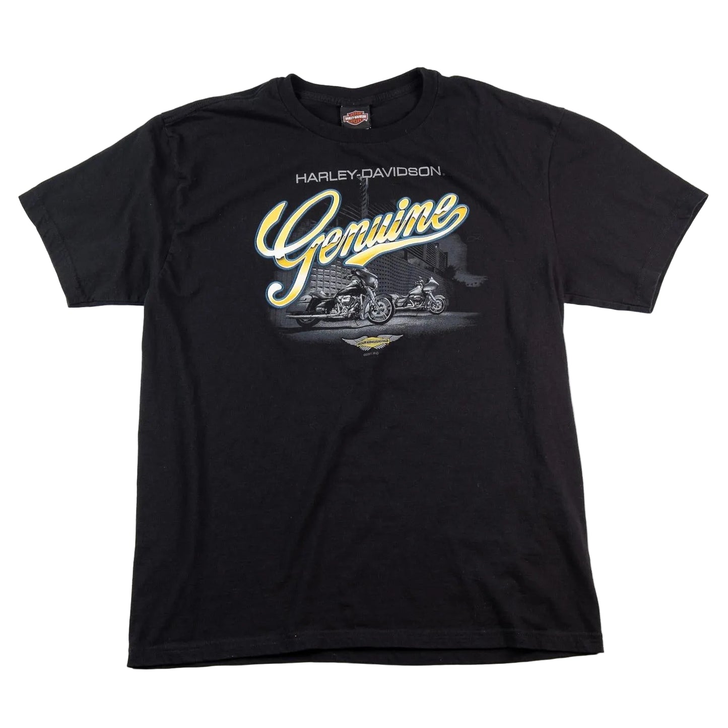 Black t-shirt with Harley-Davidson logo and 'Genuine' text on a white background