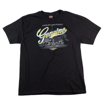 Black t-shirt with Harley-Davidson logo and 'Genuine' text on a white background