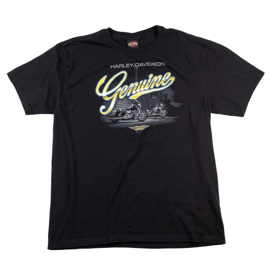 Black t-shirt with Harley-Davidson logo and 'Genuine' text on a white background