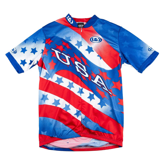 Children's cycling jersey with USA flag design on a white background