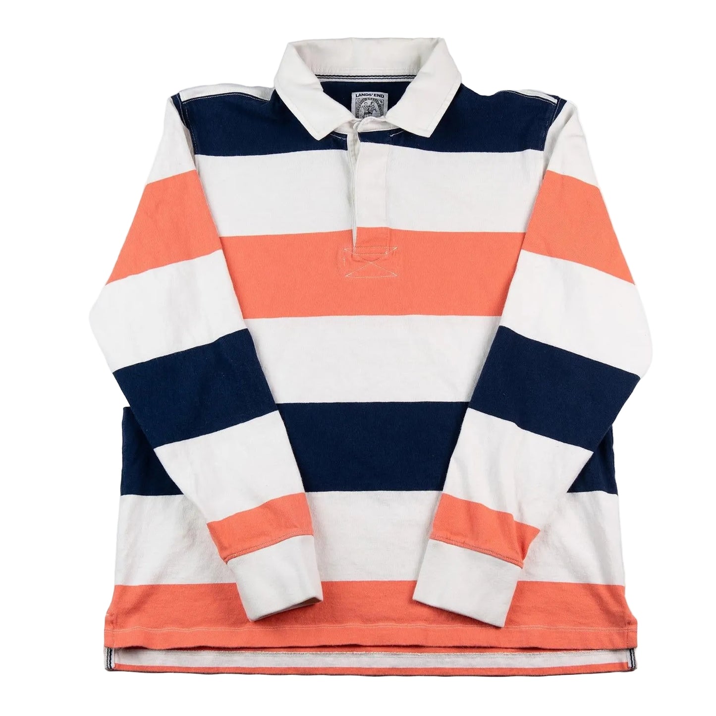 Striped long-sleeve shirt with navy, orange, and white colors on a white background