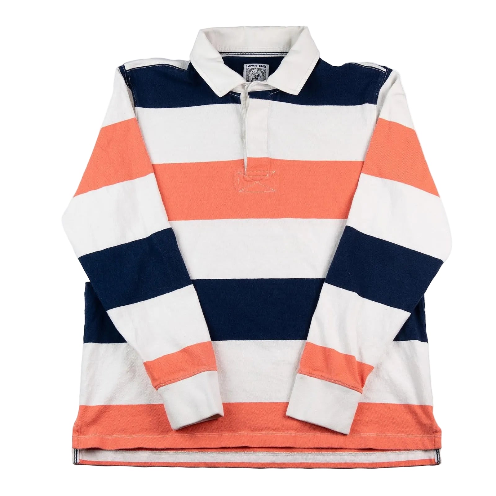 Striped long-sleeve shirt with navy, orange, and white colors on a white background