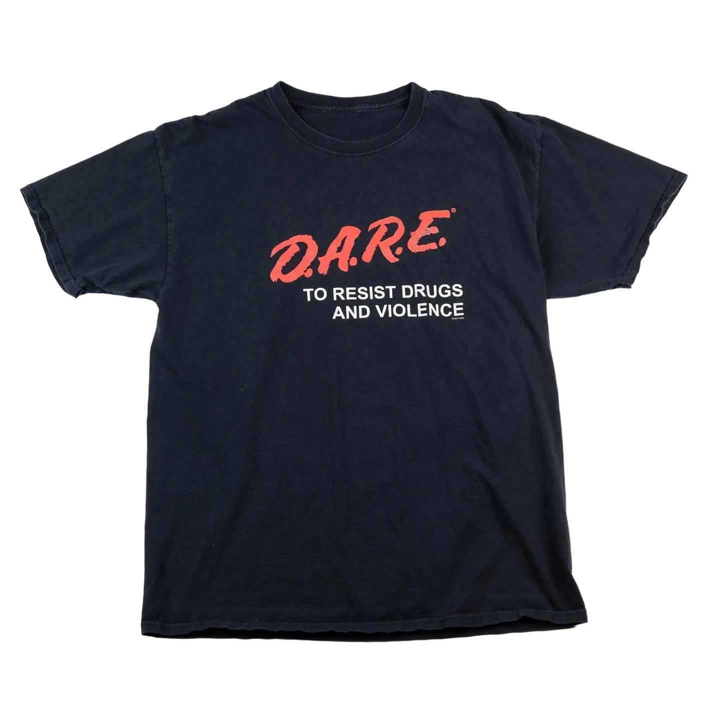 Black t-shirt with 'D.A.R.E.' text in red and white on a white background