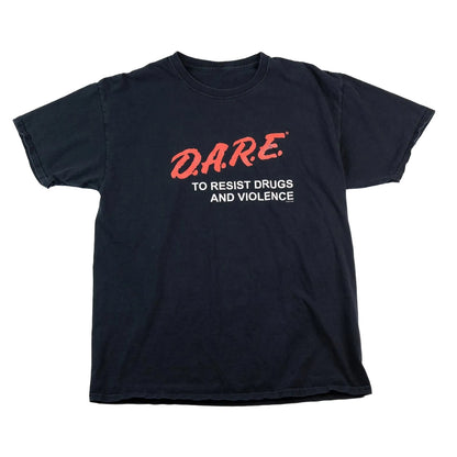 Black t-shirt with 'D.A.R.E.' text in red and white on a white background