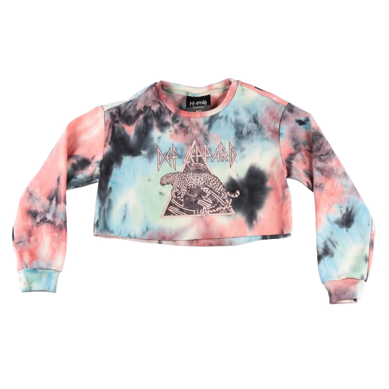 Tie-dye crop top with Def Leppard logo on a white background