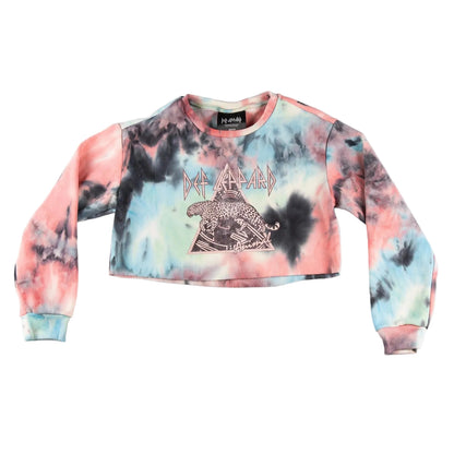 Tie-dye crop top with Def Leppard logo on a white background