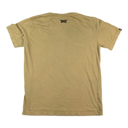 Beige t-shirt with a logo on the back against a white background