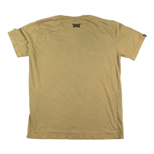 Beige t-shirt with a logo on the back against a white background