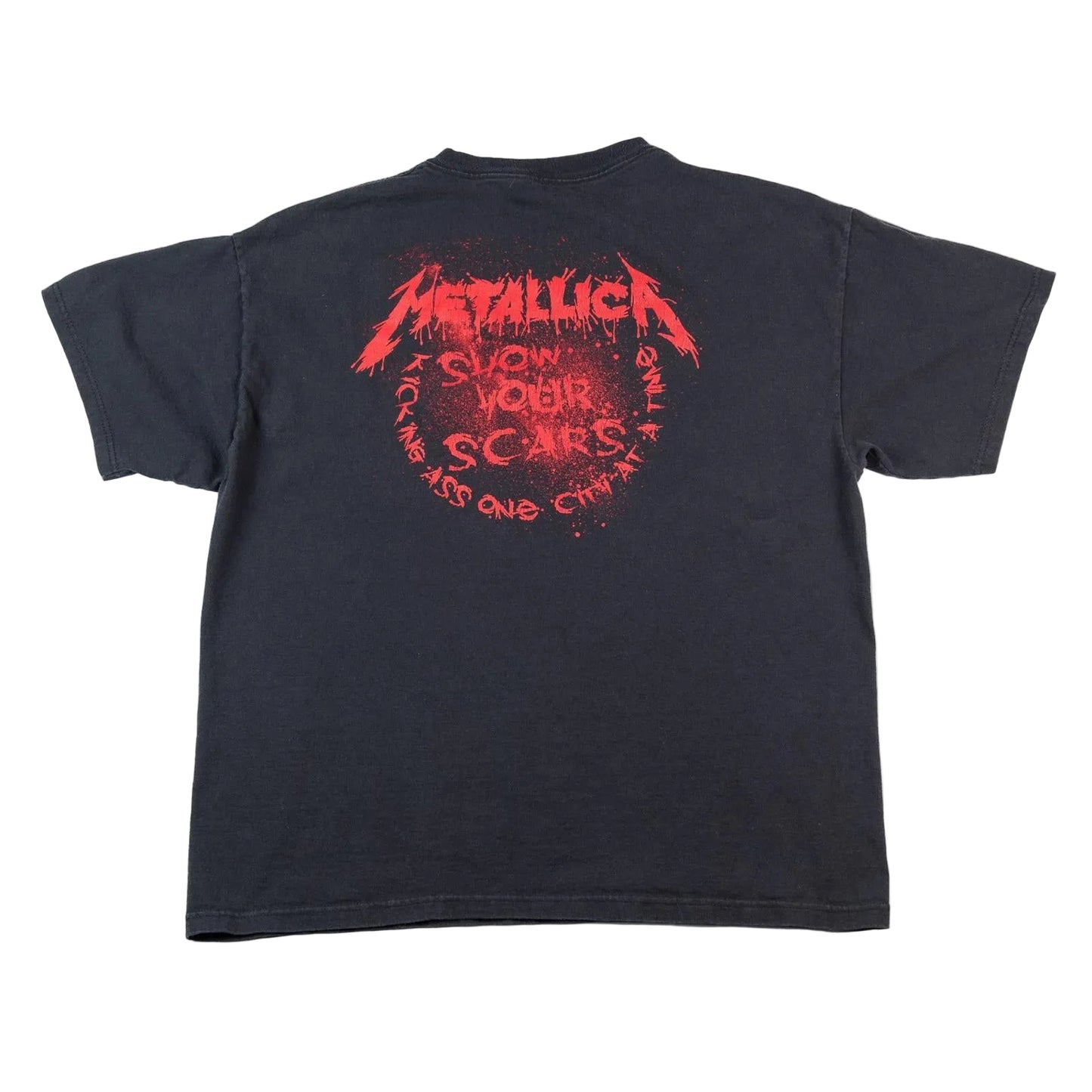 Black t-shirt with red 'Metallica' logo and text on a white background