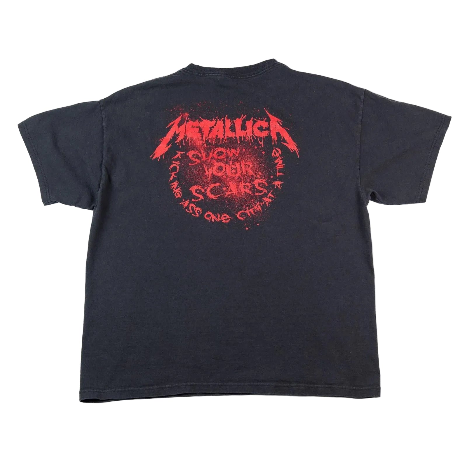 Black t-shirt with red 'Metallica' logo and text on a white background