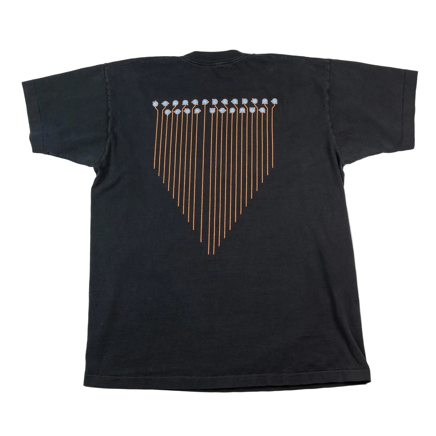 Black t-shirt with a unique design on the back against a white background