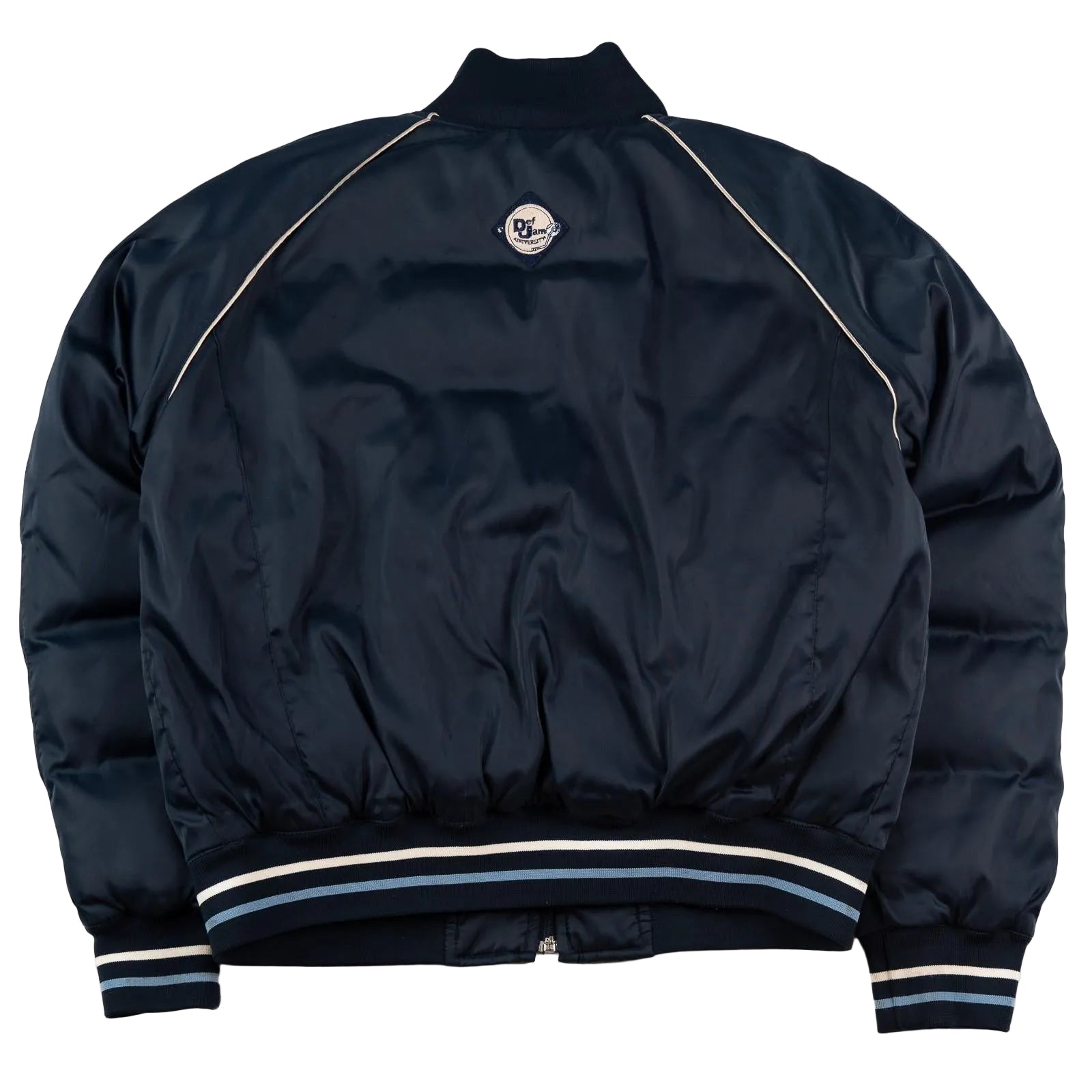 Navy blue jacket with white accents on a white background