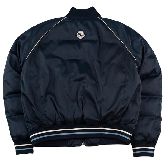 Navy blue jacket with white accents on a white background