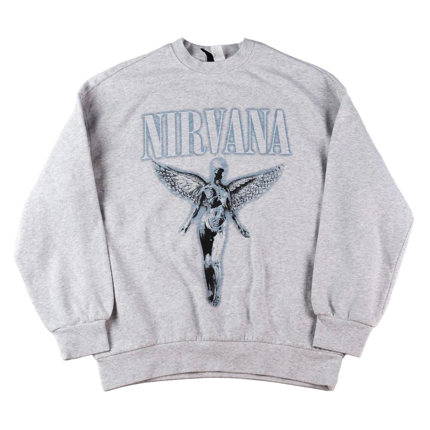 Gray sweatshirt with 'Nirvana' logo and angel graphic on a white background