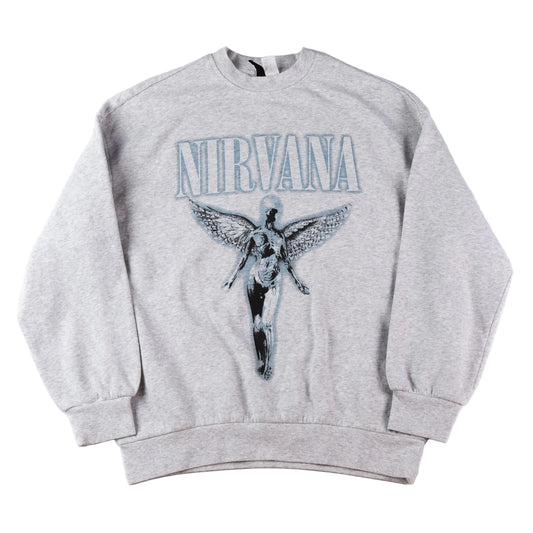 Gray sweatshirt with 'Nirvana' logo and angel graphic on a white background