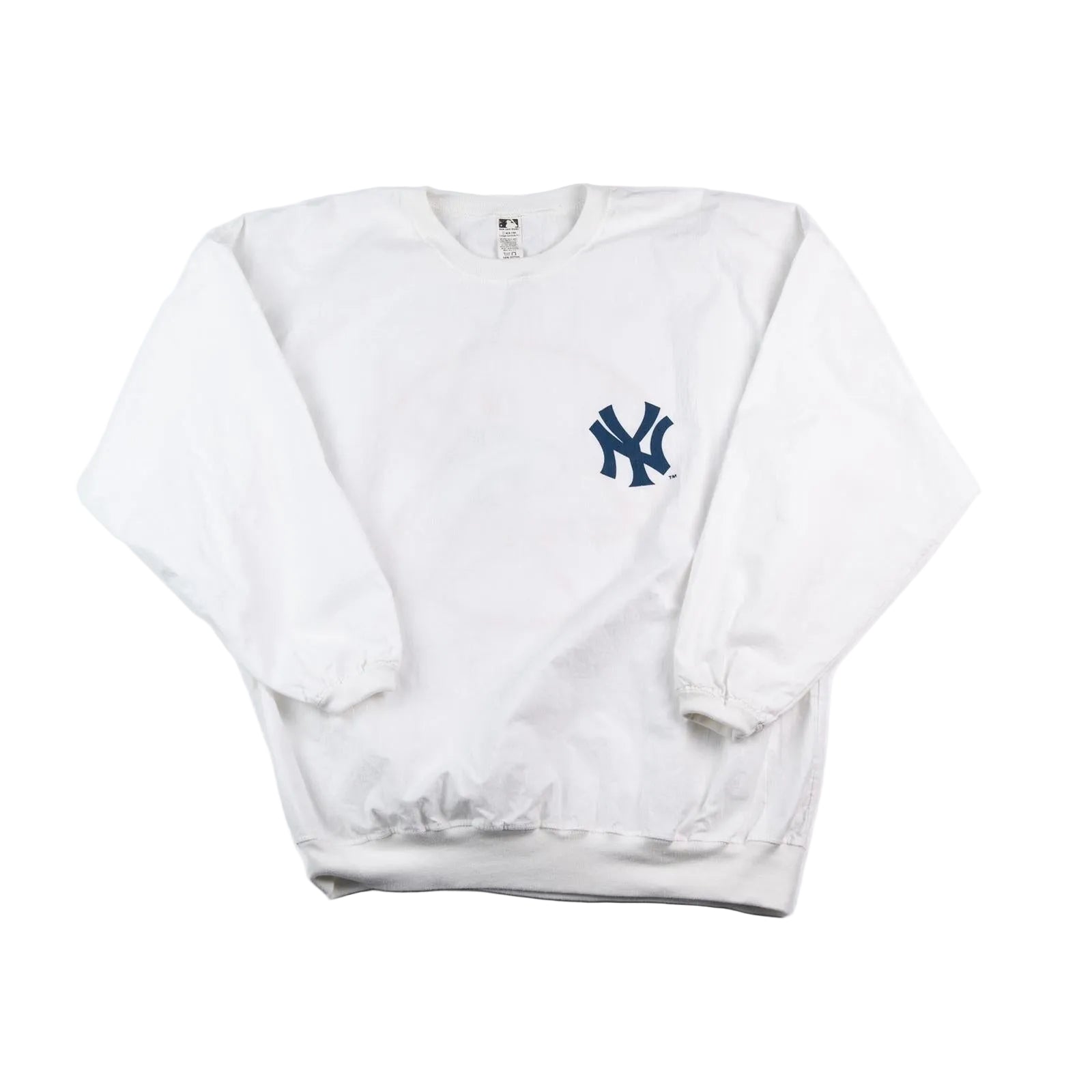 White sweatshirt with a blue logo on a white background