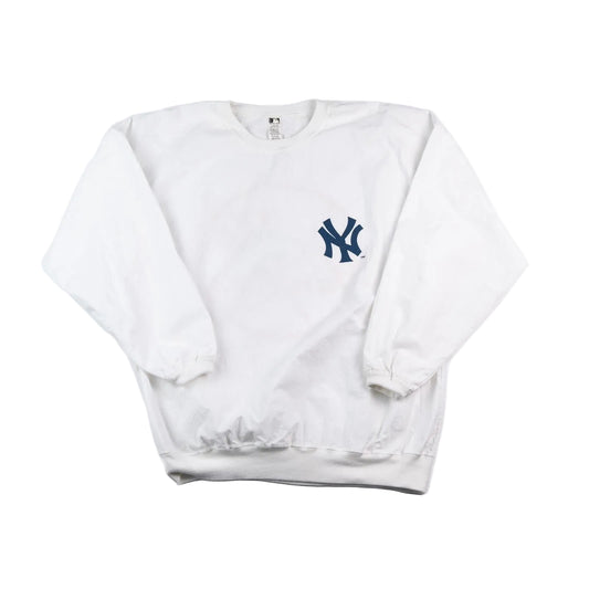 White sweatshirt with a blue logo on a white background