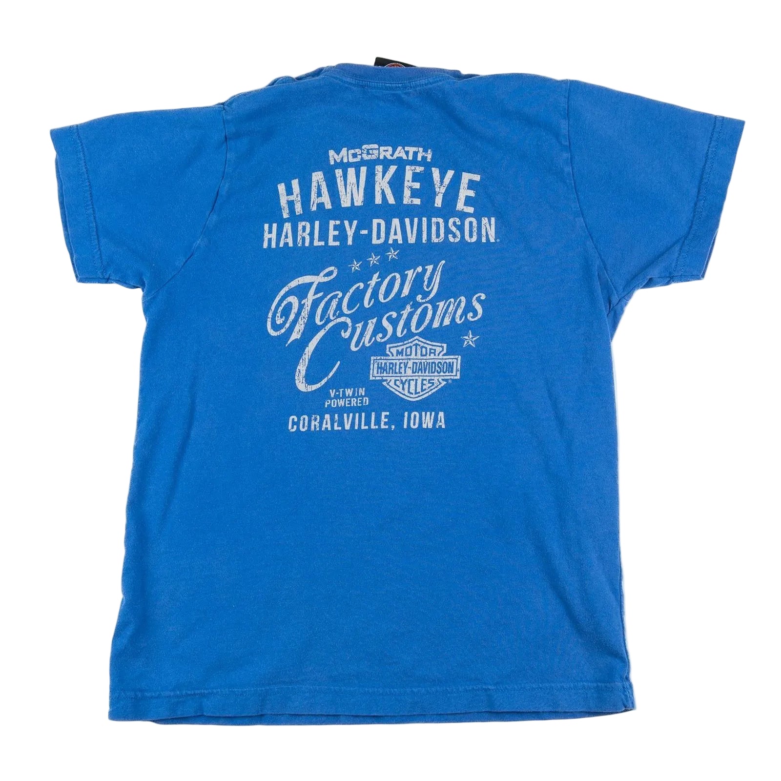 Blue t-shirt with white text and graphics on a white background